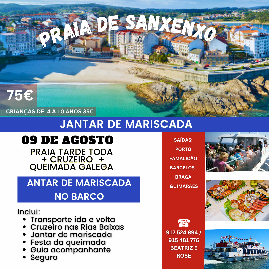 PRAIA+ CRUZEIRO + JANTAR MARISCADA- 9 DE AGOSTO 